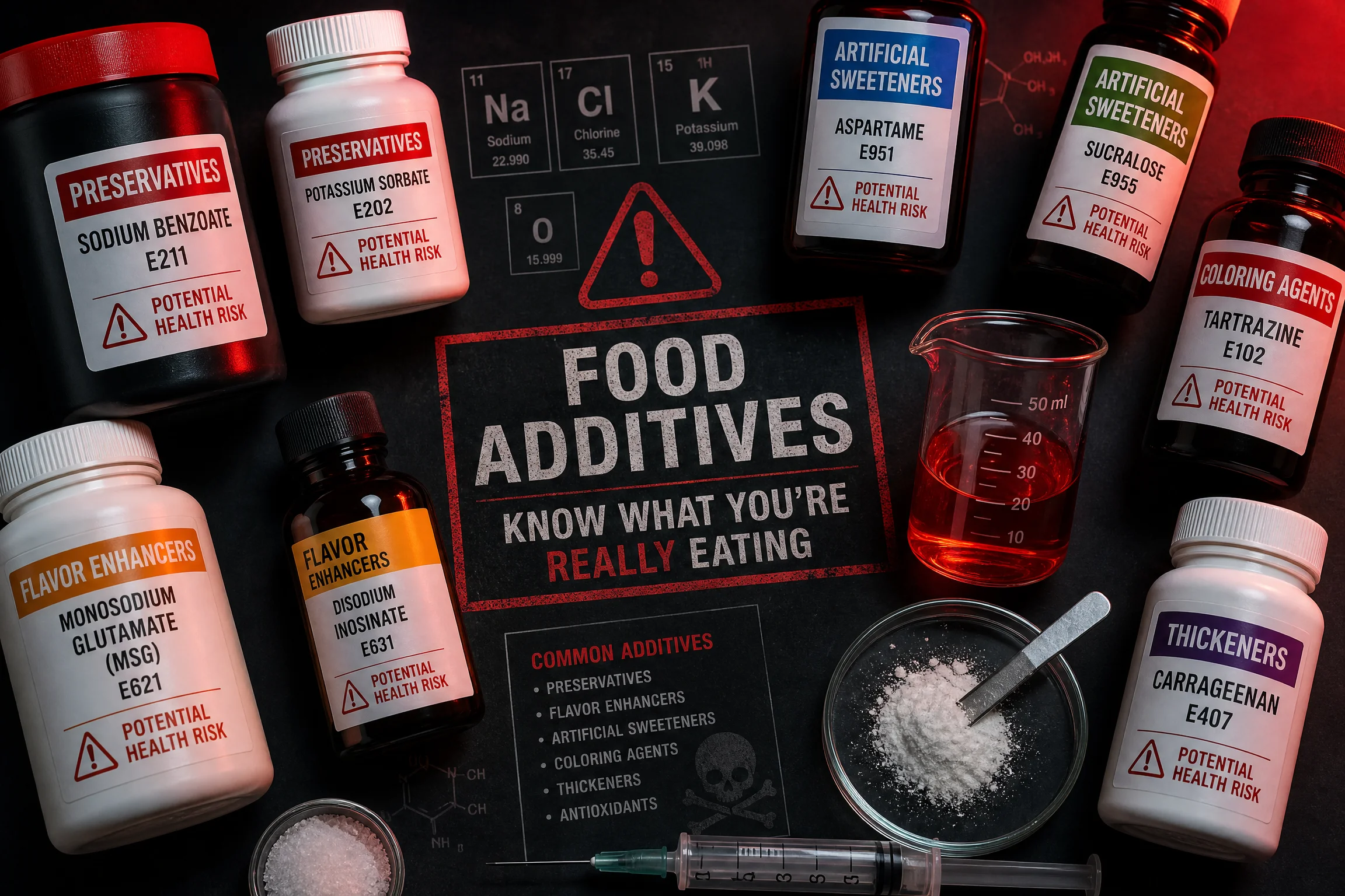 各种食品添加剂瓶罐和化学试剂排列在深色背景上